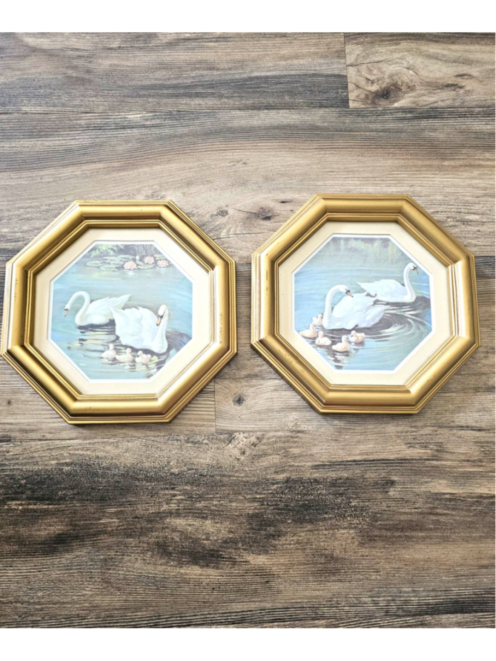 Vintage HOMCO Swan Prints Pair Gold Octagonal Frames Home Interiors 1980s Decor